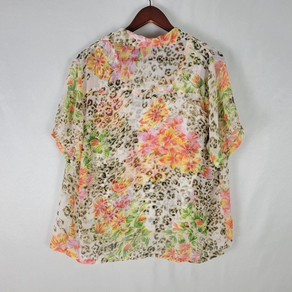 Premier Womens Shirt Large Top Floral Short Sleeve‎ Button Down Lined Sheer - Picture 2 of 11